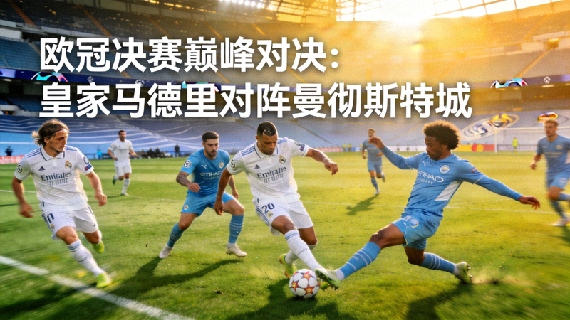 欧冠决赛巅峰对决：皇家马德里对阵曼彻斯特城 - 两队球员在绿茵场上激烈拼抢